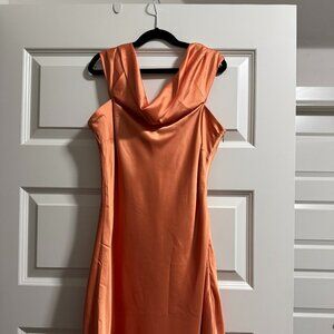 Primrose Orange Satin Off the Shoulder Mini Dress